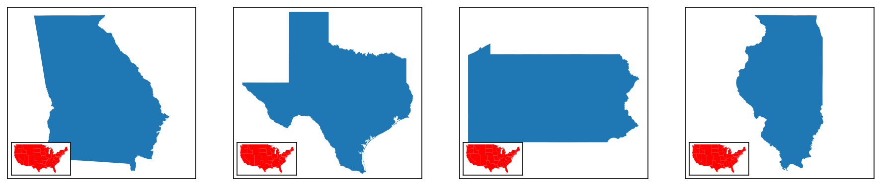 multiple different plots with a pre-populated and duplicated inset map