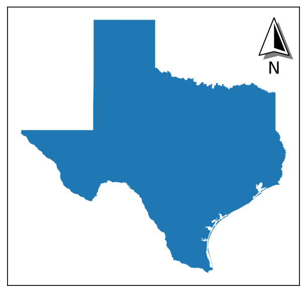 a plot of Texas with a north arrow added