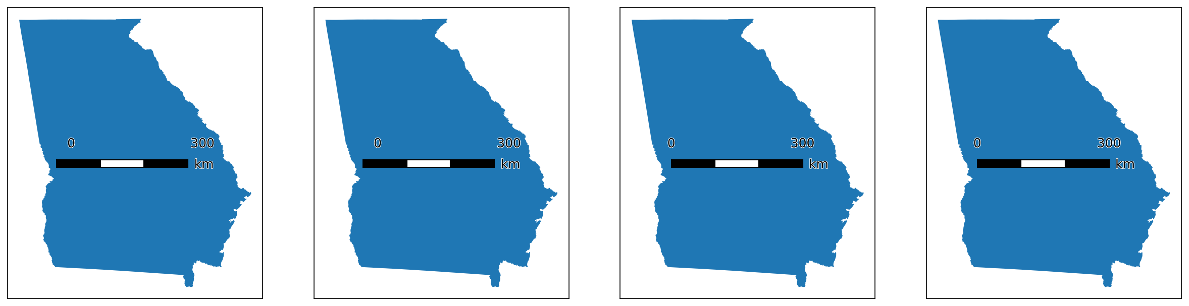 a repeated plot of Georgia with scale bars of similar lengths overlain